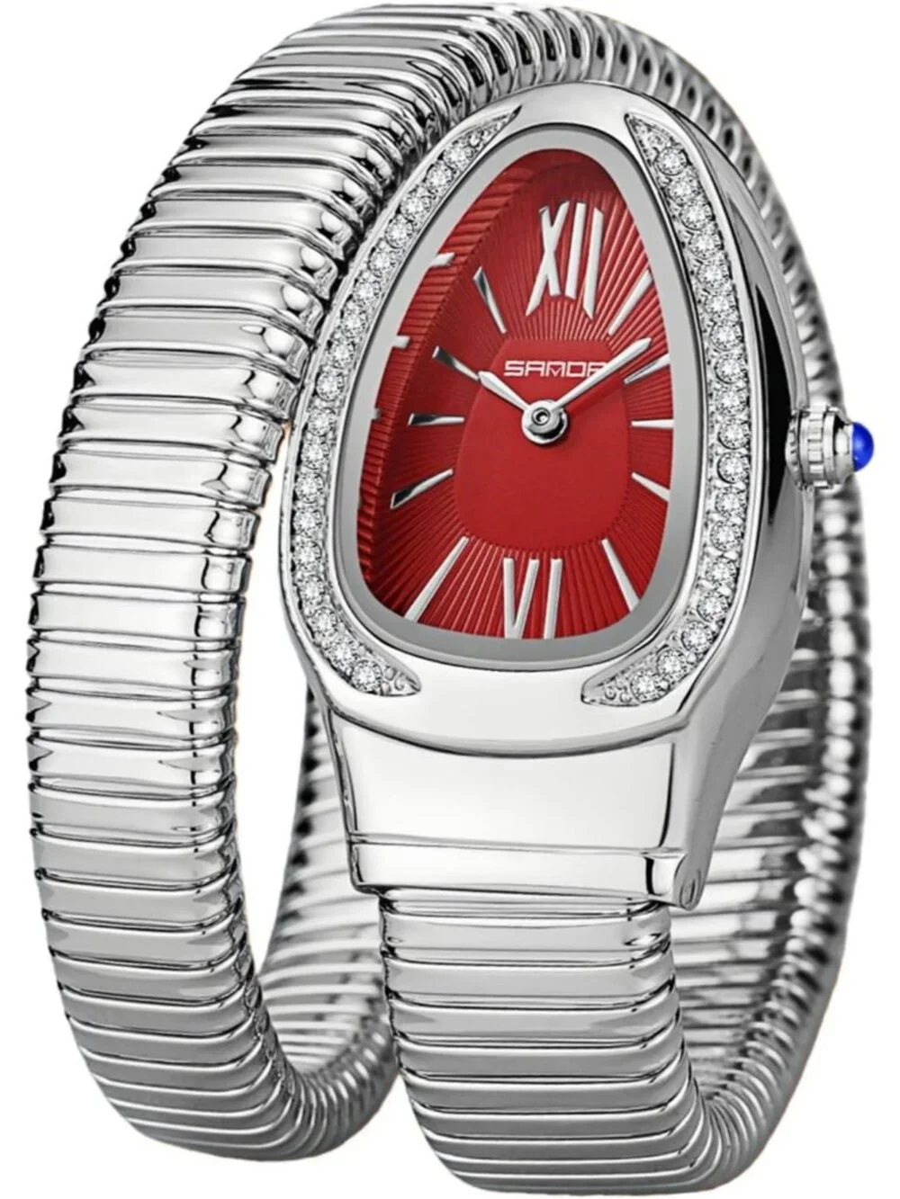 Women's Silver Red Elegant Wrap Around Bangle Fashion Snake Cuff Wrist Watches
